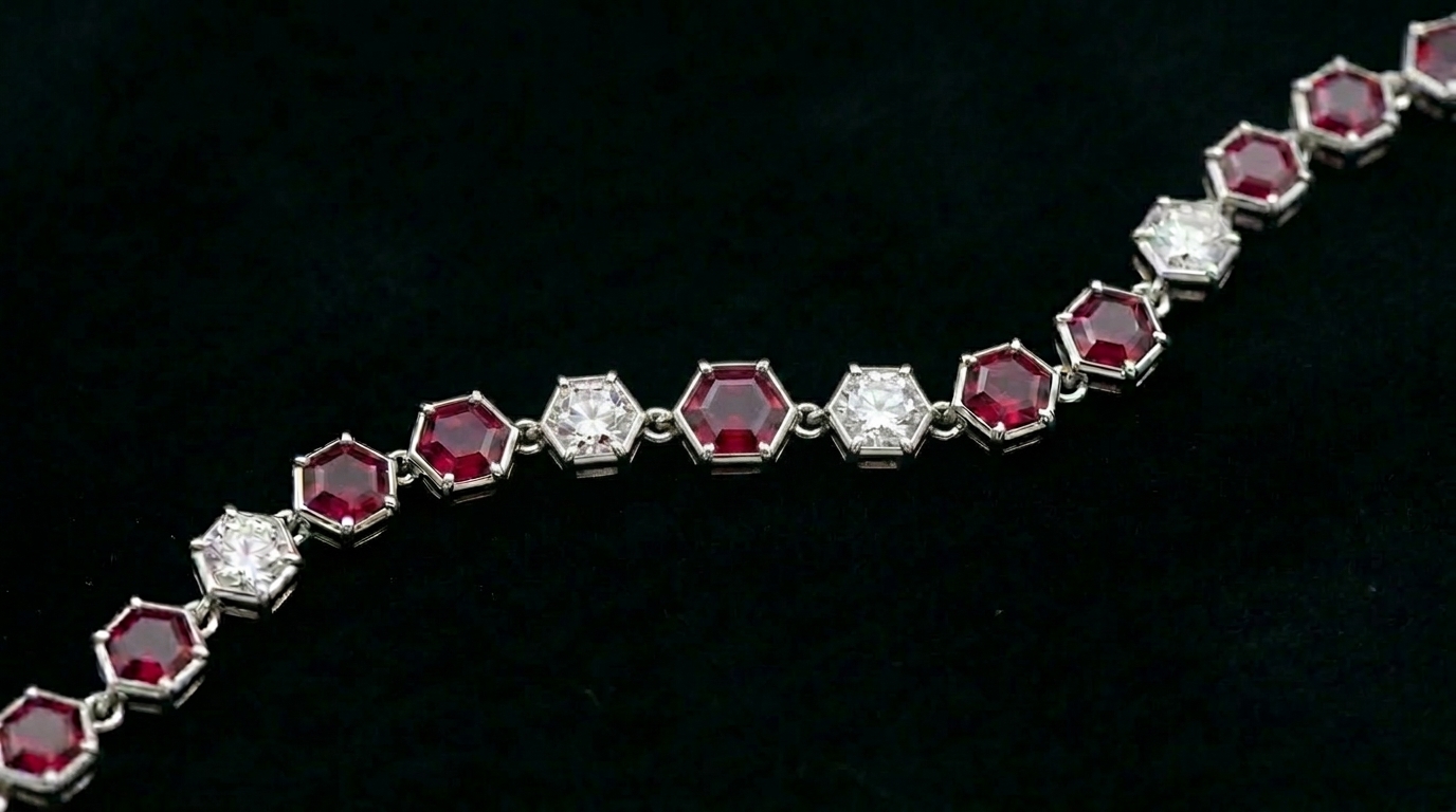 Hex-cut Alexandrite tennis necklace in ruby